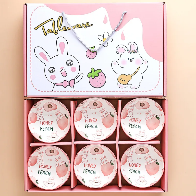 

Peach Pink Rabbit Small Bowl Ceramic Rice Bowl Creative Cartoon Rice Bowl Pink and Cute Underglaze Tableware Gift Set