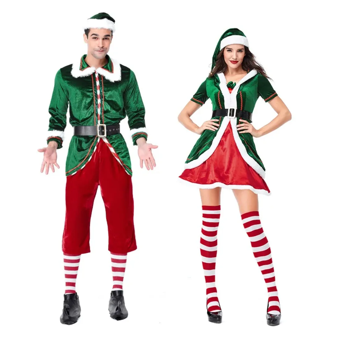 

Women Men Christmas Cosplay Costume Elf Party Couple Waistbelt with Hat Fancy Dress Suits Stage Performance Outfits