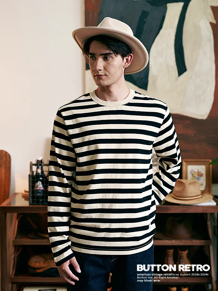

Retro Japanese Sle Long Sve T-irt Pure Cotton Bla White Stripes round Ne Couple's Sle Faionable Spring Autumn