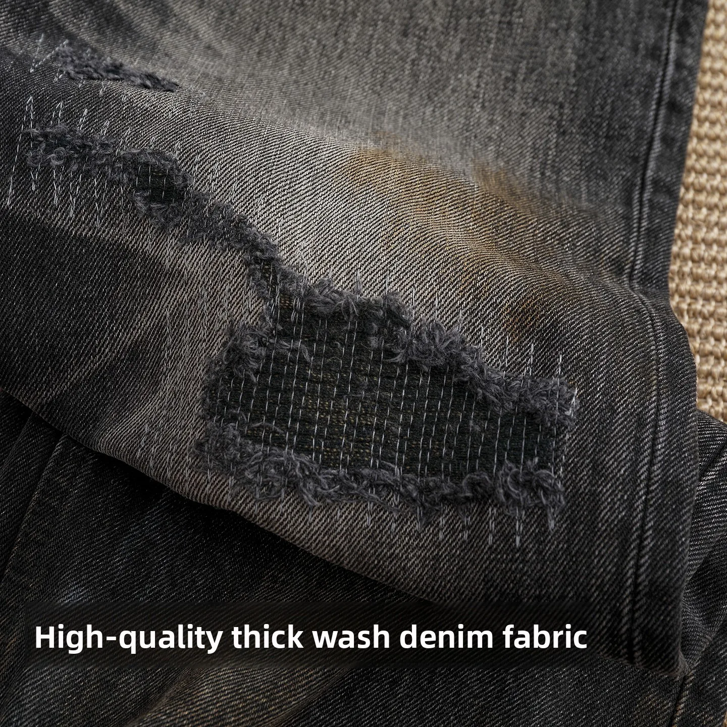 Heavyweight Denim Fabric Men's Ripped Patchwork Jeans Vintage Black Grey  Straight Casual Pants Fashion Urban Style