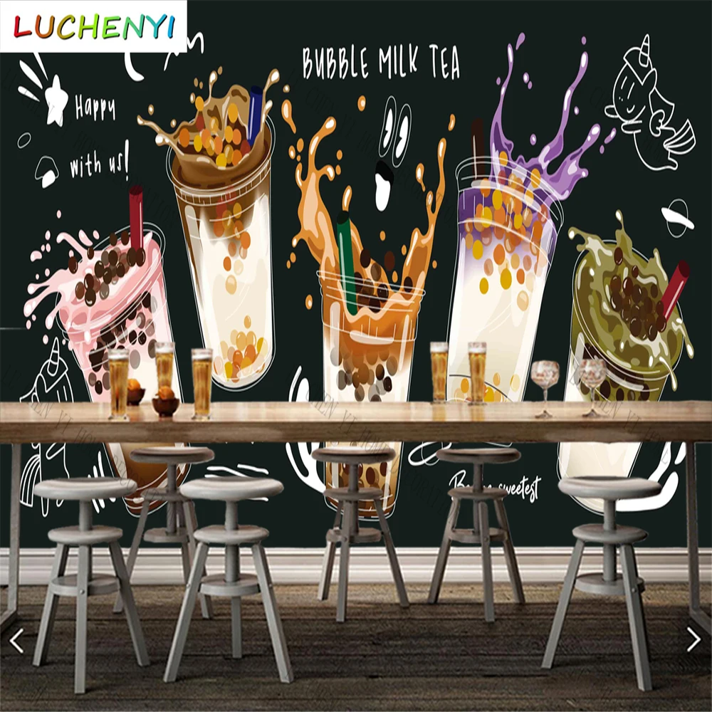 Custom bubble tea ice cream Boba juice mural wallpaper restaurant cold drinking shop dining room wall papers home decor sticker