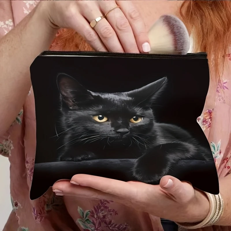 1pc Black Cat Design Makeup Bag With Safety Zipper - Compact Toiletry Pouch For Daily Use & Trips, Small Cosmetic Bag