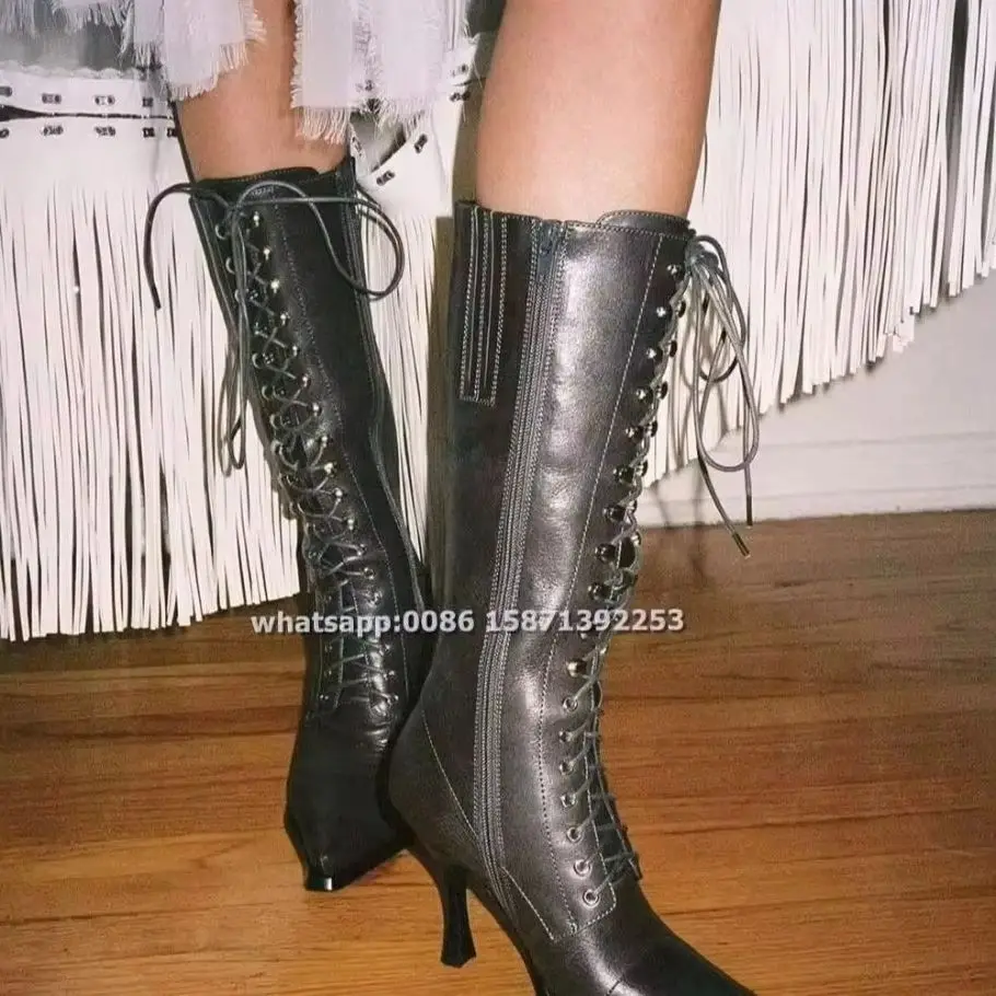 

Металлические декоративные элементы, ретро-ботинки для женщин, высокие до колена, викторианские, на шнуровке, на каблуке, с острым носком, на шпильке, с боковой молнией, в стиле пэчворк, сексуальные туфли