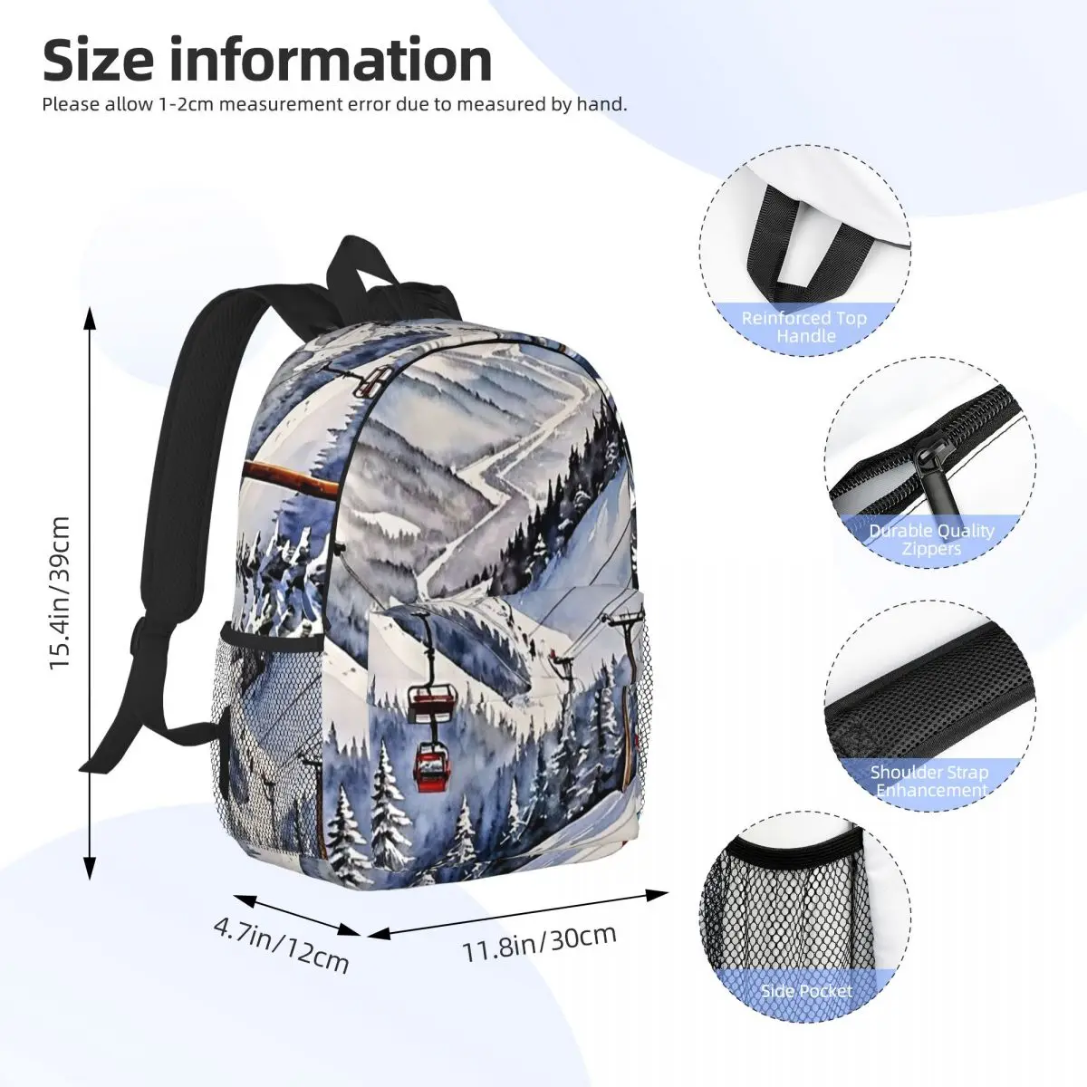 Watercolor Ski Resort And Cable Car Backpack Daypack Large Capacity Boys Girls BookBag Shoulder Bags for Unisex School Bag