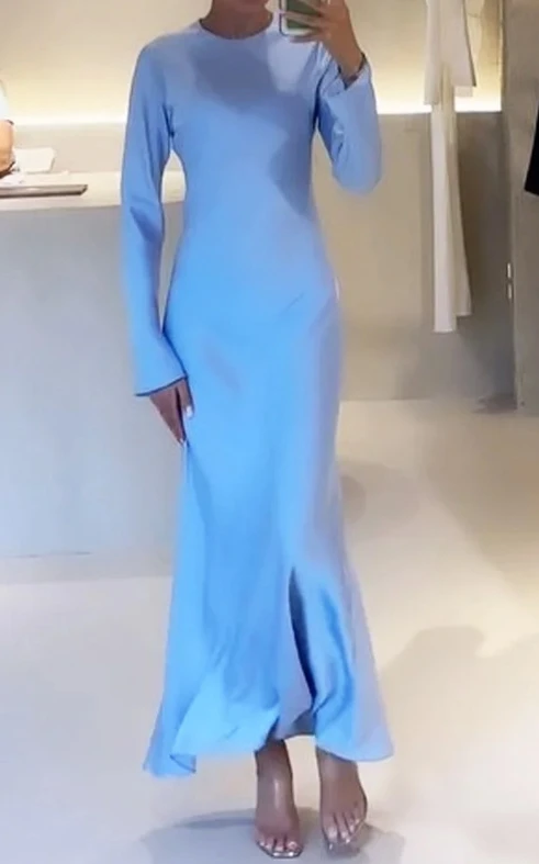 فستان نسائي بأكمام طويلة برقبة مستديرة ، فساتين أحادية اللون ، غير رسمي ، ملابس الخريف ، الخريف ، الشتاء ، موضة الربيع ، جديد ، 2023