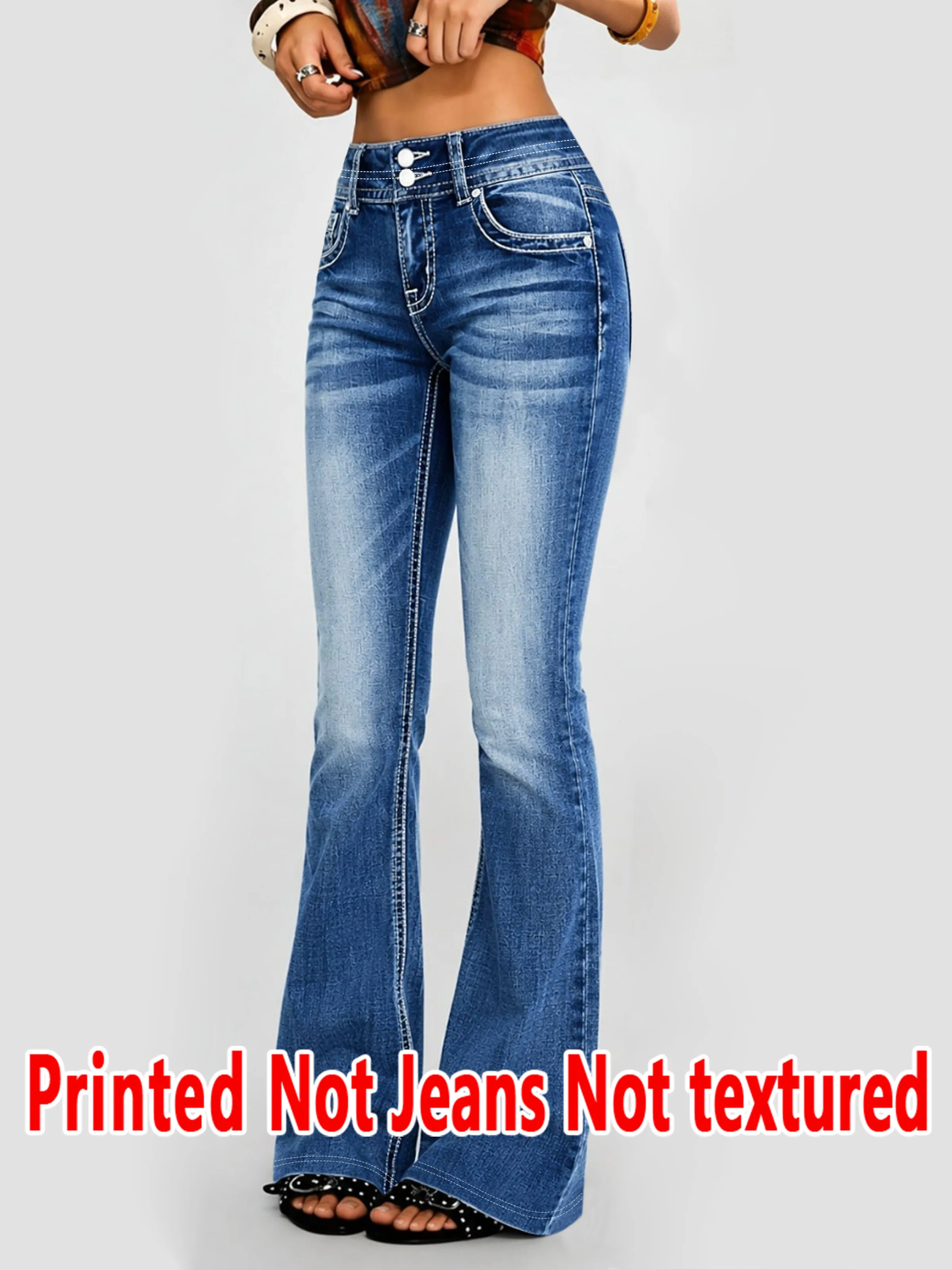 1595  Ladies Non- Denim Floral Print Bell Bottom Pants Texture-Free Simulation Denim Four Seasons Wearable Long Trousers