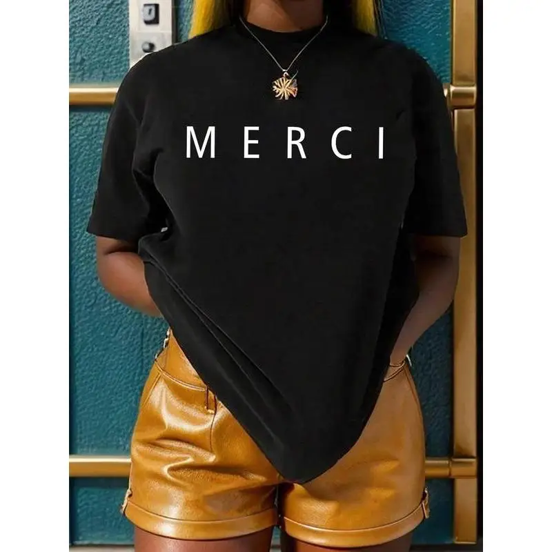 

Women's "MERCI" T-Shirt French Thank You Graphic Tee Casual Chic Minimalist Summer Cotton Top Paris Style Gift