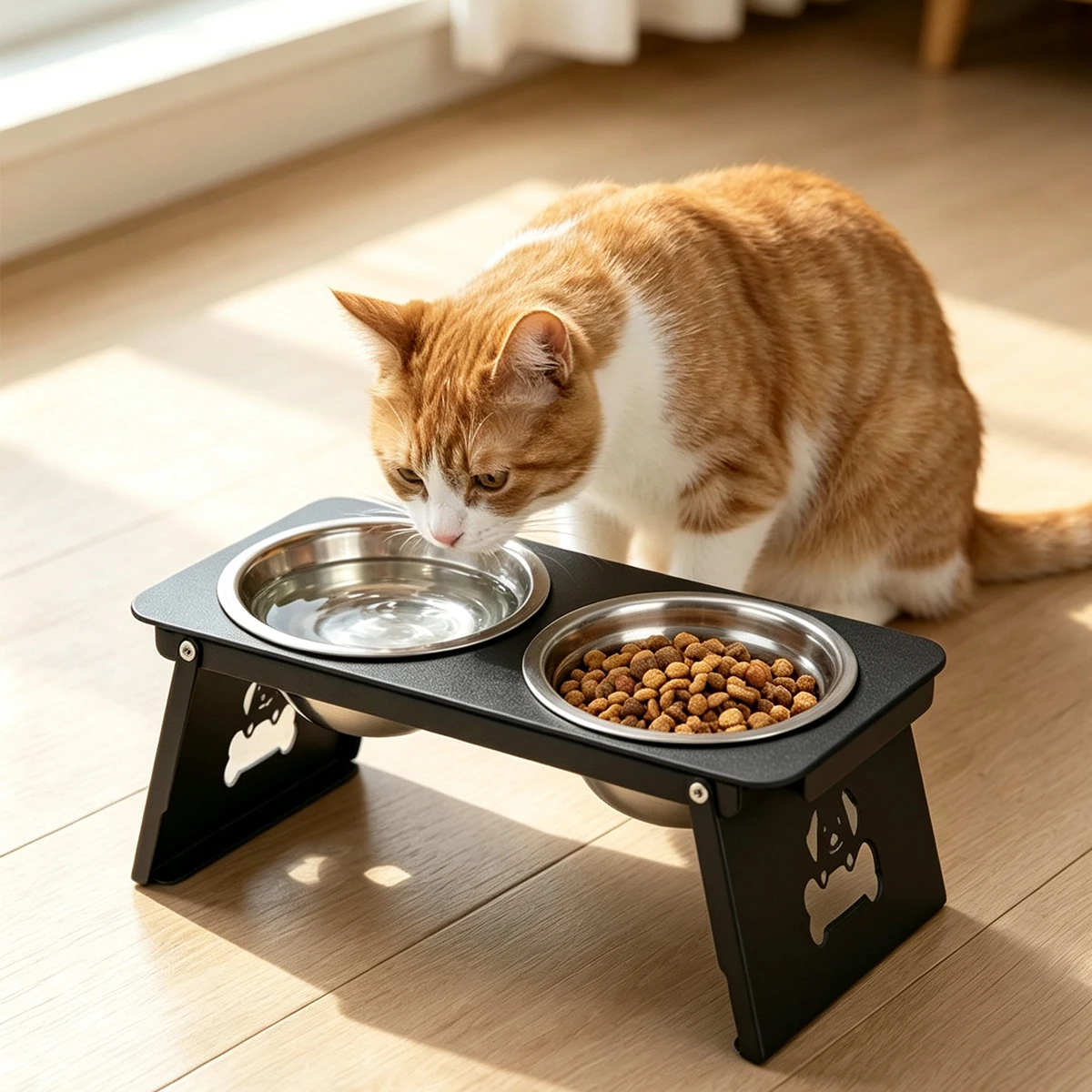 Elevated cat and dog bowl, stainless steel double bowl with 15 ° tilted metal bracket, suitable for cats, dogs, and small pets