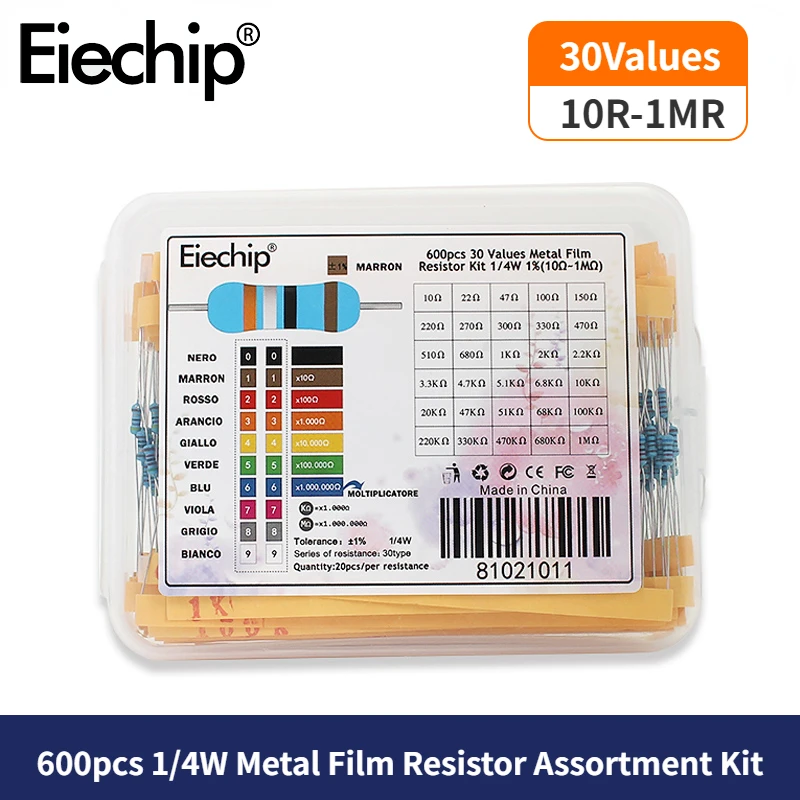 300/600PCS 30Values 1/4W Kit de resistencias de película metálica con caja 10Ohm ~ 1M Resistencia 1% Juego de resistencias