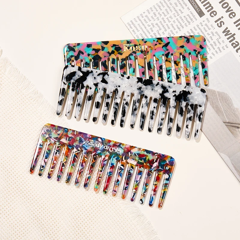 고객 로고 포함 한국 스타일 대리석 패턴 아세테이트 빗 여성용 럭셔리 와이드 티스 안티스태틱 헤어 콤 패션 헤어케어 도구