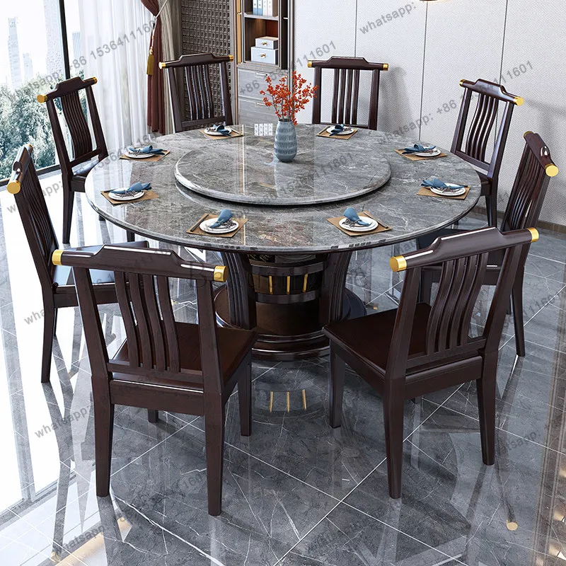 Solid wood rock slab dining table Household round dining table New Chinese style