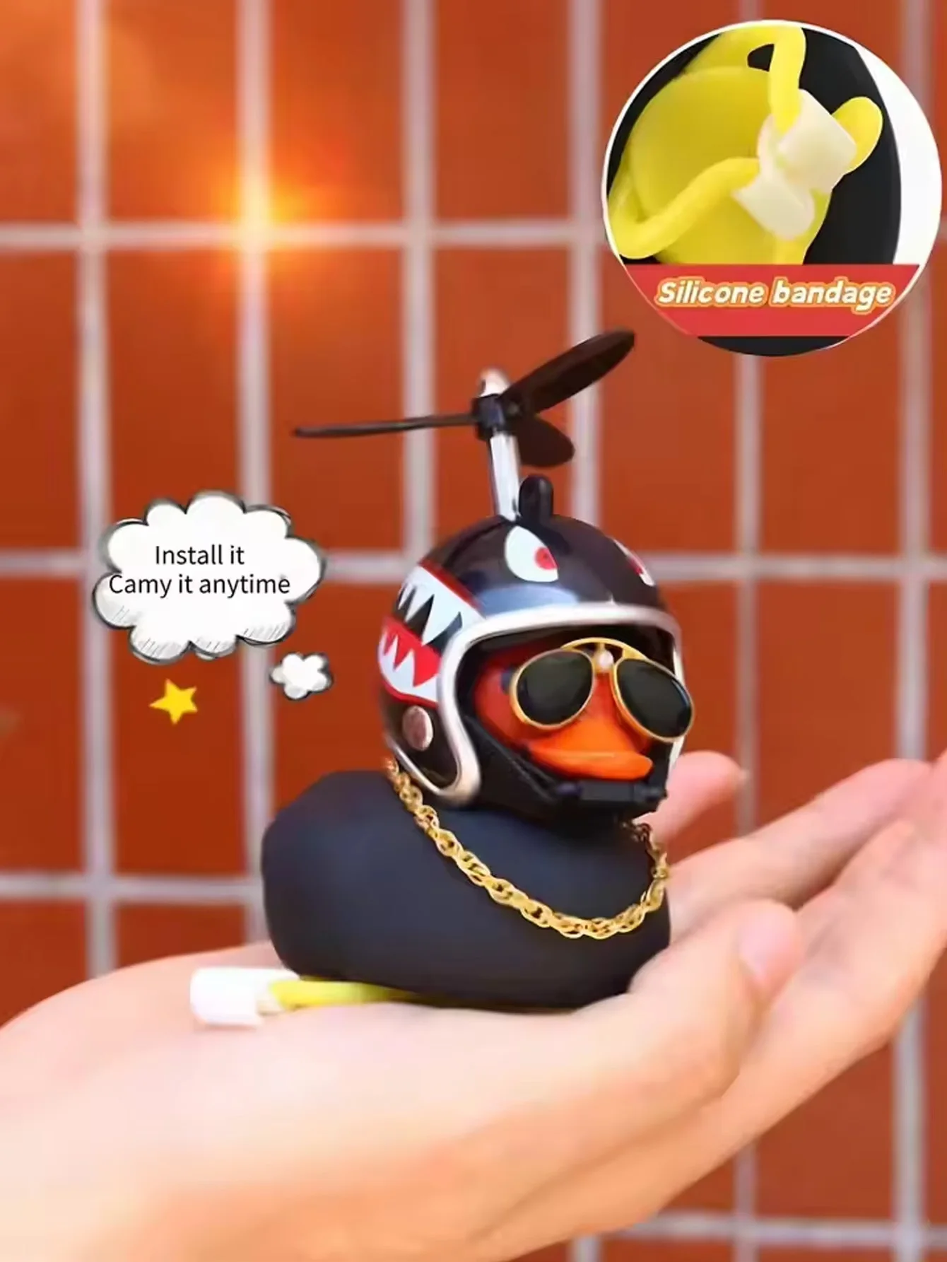 Cute Little Yellow Duck Car Pendant with Helmet Propeller Wind-breaking Wave-breaking for Bike Motorcycle Auto Accessories