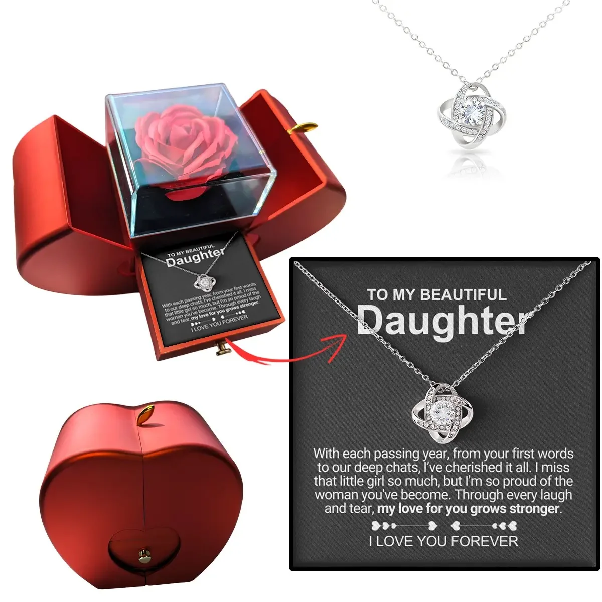 

Gift To My Daughter Love Knot Stainless Steel Necklace Fashion Jewelry Women Girl Necklaces With Rose Box 2024 New Dropshipping