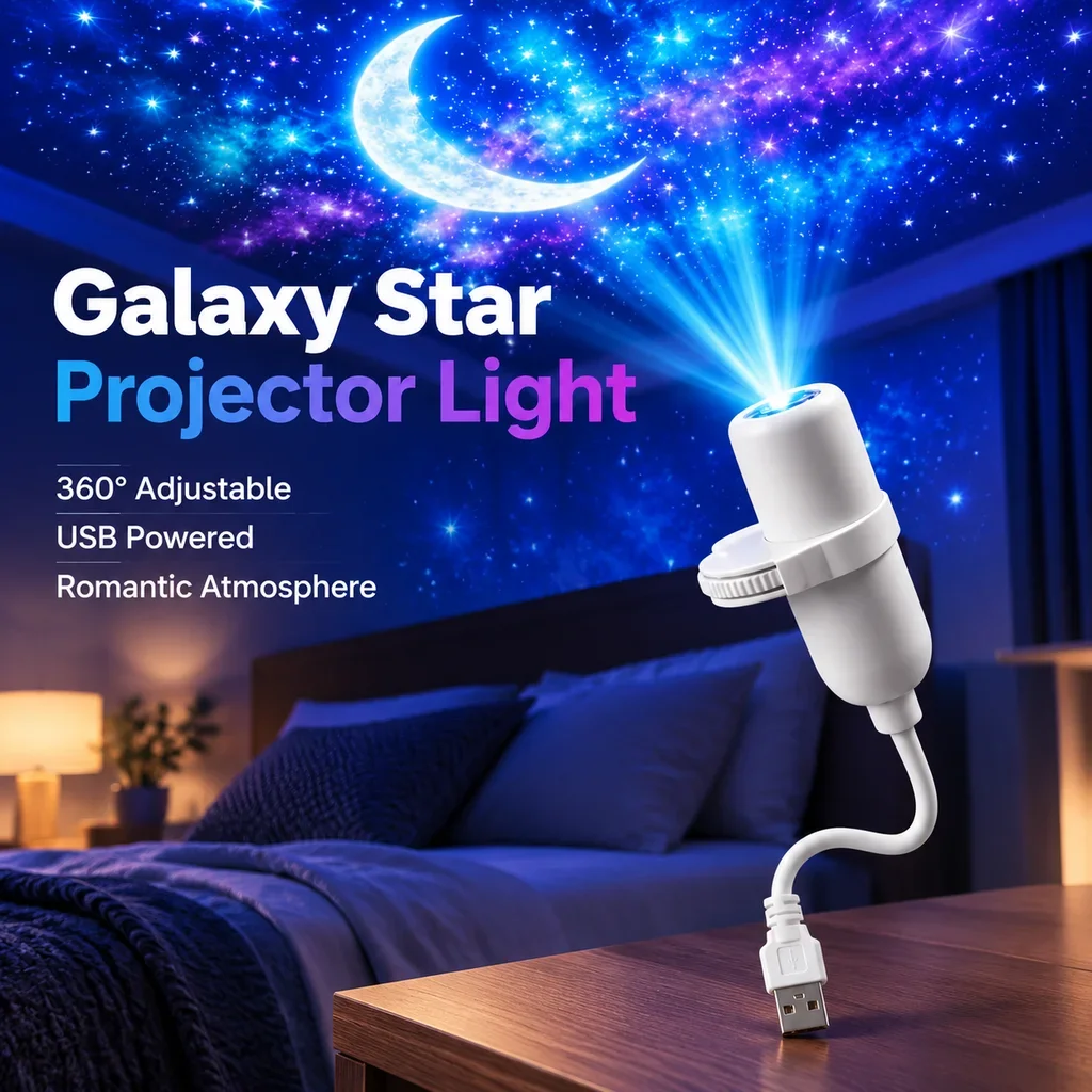 Mini USB Galaxy Star Projector Light 360° Adjustable Night Light Atmosphere Lights for Bedroom Romantic Night Birthday Party Use