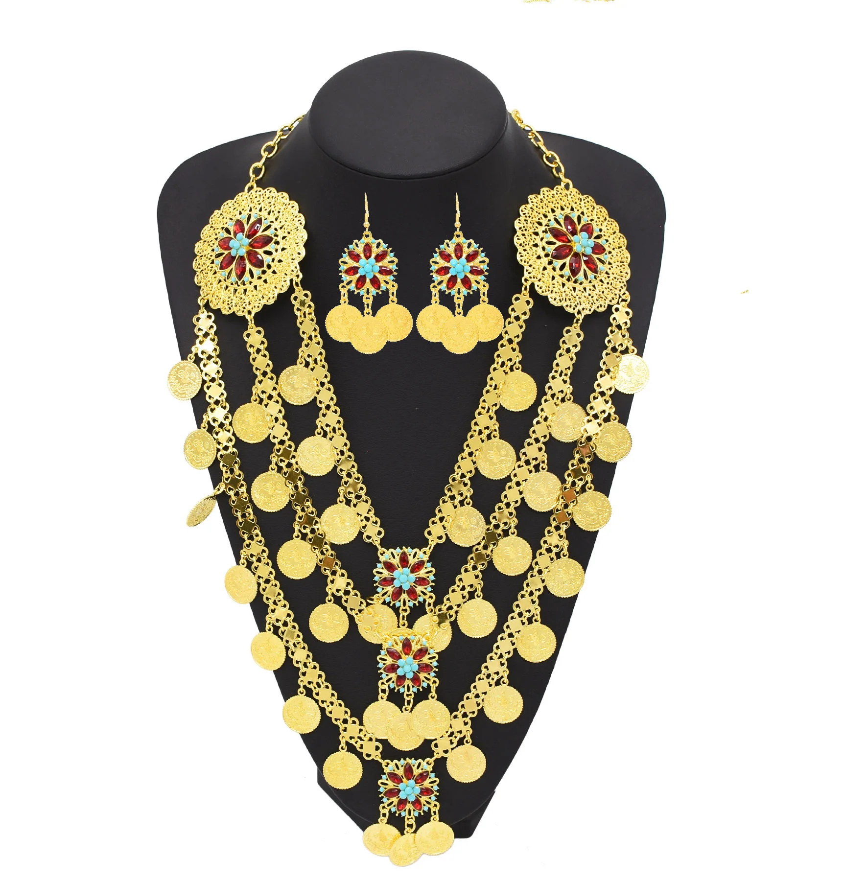 3-Layer Golden Coins Tassel Heart Hollow Crystal Flower Pendant Necklace Earrings for Arab Indian Bridal Wedding Jewelry Set
