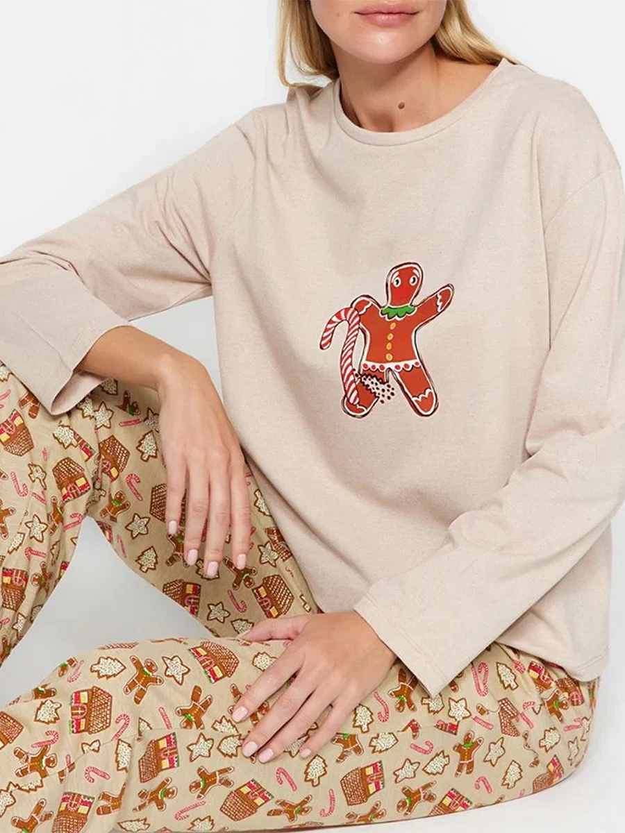 Women\'s Christmas 2 Piece Lounge Set Long Sleeve Candy Cane Gingerbread Man Print Tops Pants Sleepwear Sets