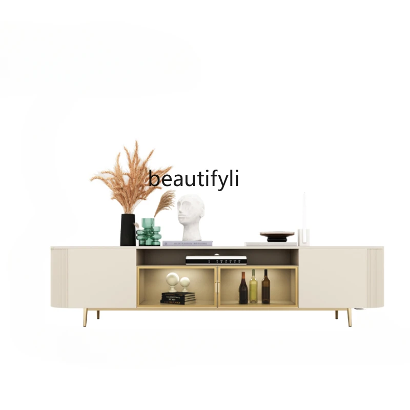 TV Cabinet and Tea Table Combination Modern Simple Light French Retro Cream Style Suspension Simple Household/Brown