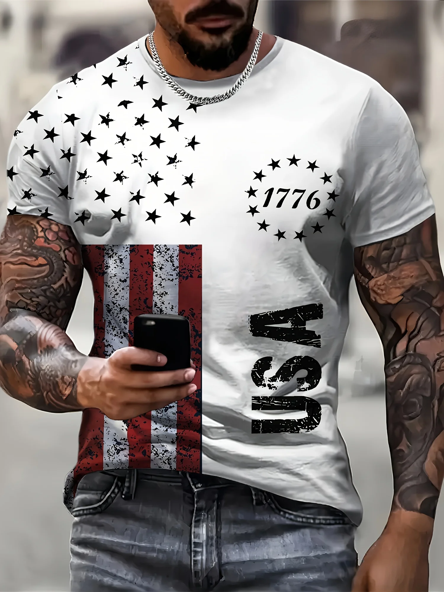 VintageT-Shirt For Men American Flag Graphic T Shirts 1776 Print Tees Short Sleeve T Shirts Outdoor Oversized Men's Clothing Top image 2