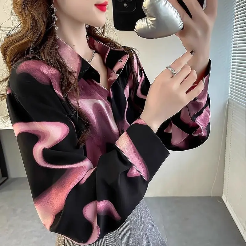 Fashion Ventilate Chic Spring Blouses Women's Spliced Polo-Neck Tie Dye Contrast Color Loose Single-breasted Long Sleeve Shirts
