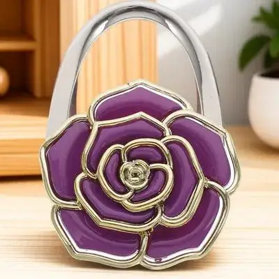 Klappbarer Handtaschenhaken-Aufhänger, lila Zinklegierung, Acryl, 115 mm, erweitert, 50 x 70 mm, gefalteter, rutschfester Taschen-Tischhalter für Restaurant