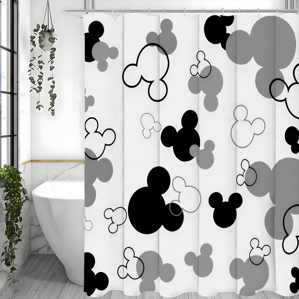 Mickey Mouse Head Shower Curtain Black White Gray Pattern Cartoon Design Kids Bathroom Decor Fun Playful Theme Modern Home