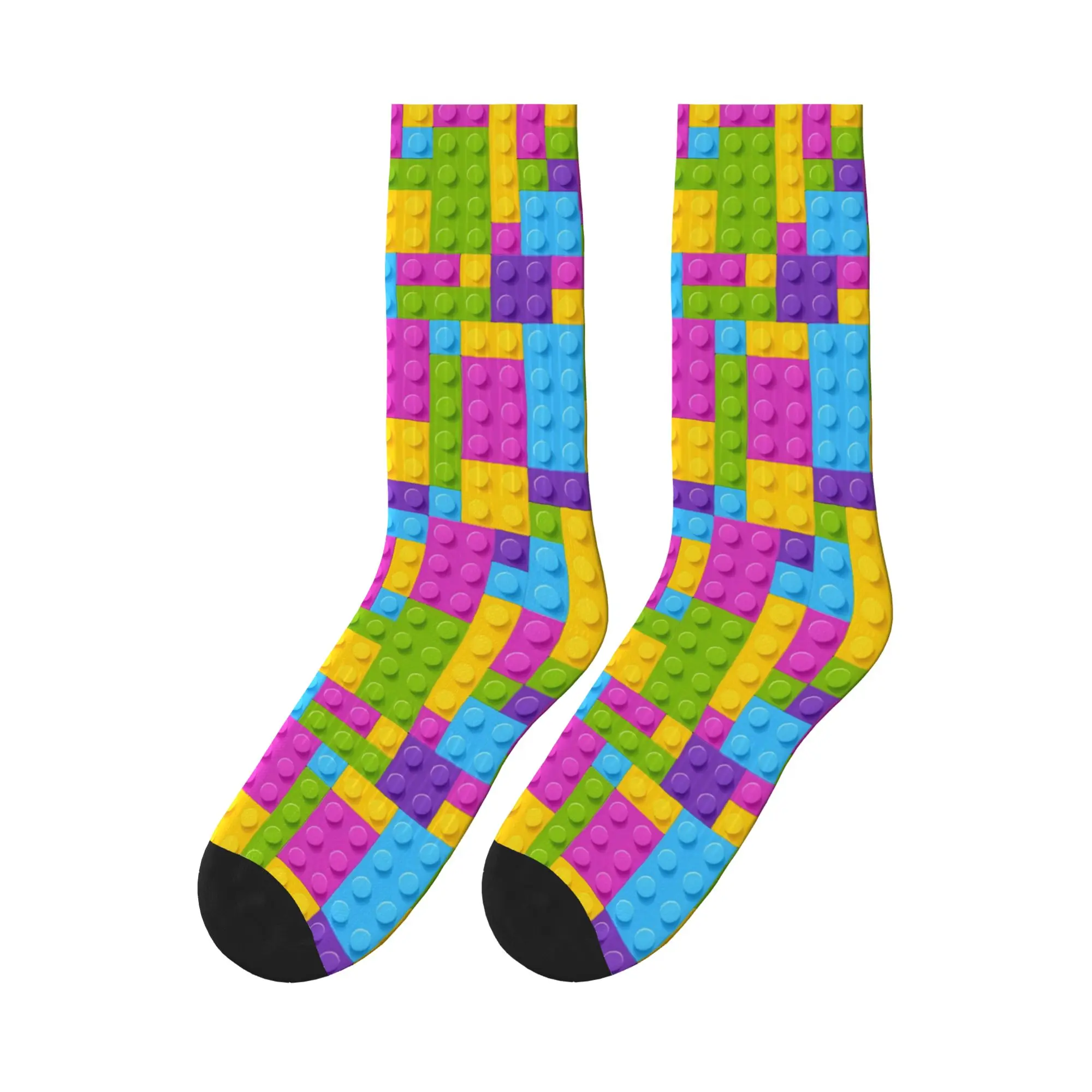 Pastel Rainbow Building Blocks Pattern Socks  Non Slip Stockings Men's Soft Running Sports Socks Winter Korean Printed Socks