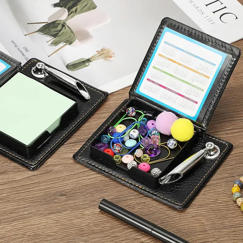 Multifunctional PU Leather Flip‑Cover Sticky Note Box With Metal Pen Holder Portable Desktop Stationery For Office Business Gift