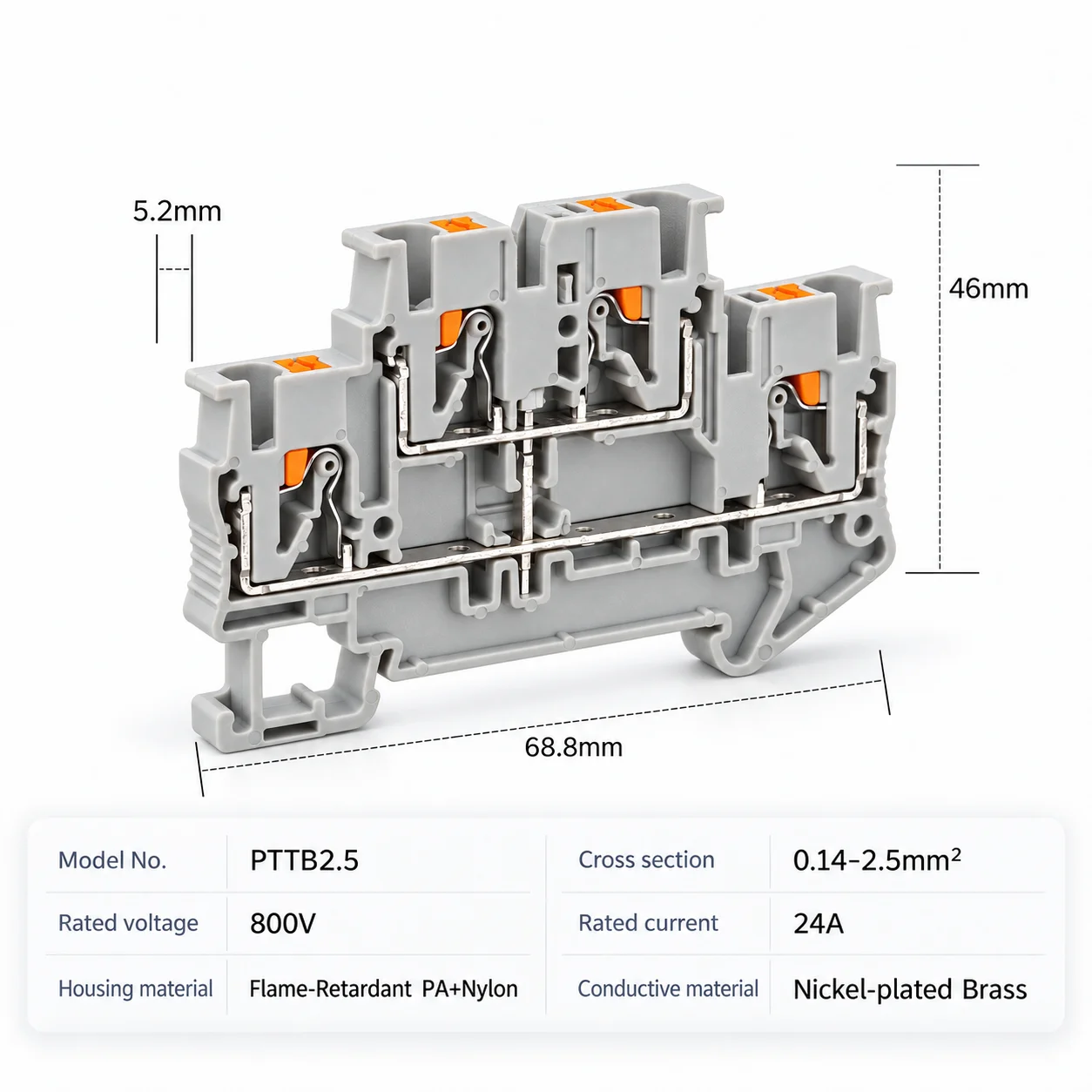 DIN Rail Terminal Blocks PTTB-2.5 Push-In Double Layer 0.14-2.5mm2 Screwless Electrical Wire Connectors for Control Panel Wiring
