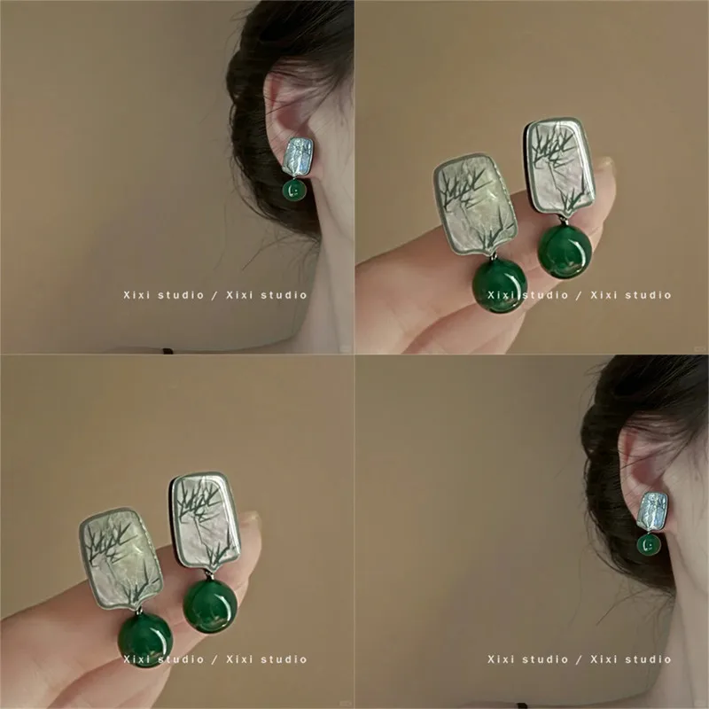Chinese Style Green Round Bead Pendant Earrings For Women Retro Antique Bamboo Print Earrings Office Party Jewelry Accessories