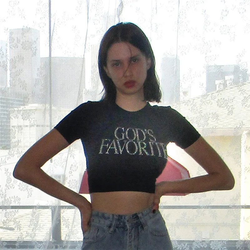 Sexy Rhinestone Gods Favorite Funny Letters Short Sleeve T-shirt Gothic Casual Crop Top Summer Y2k Aesthetic Harajuku Streetwear