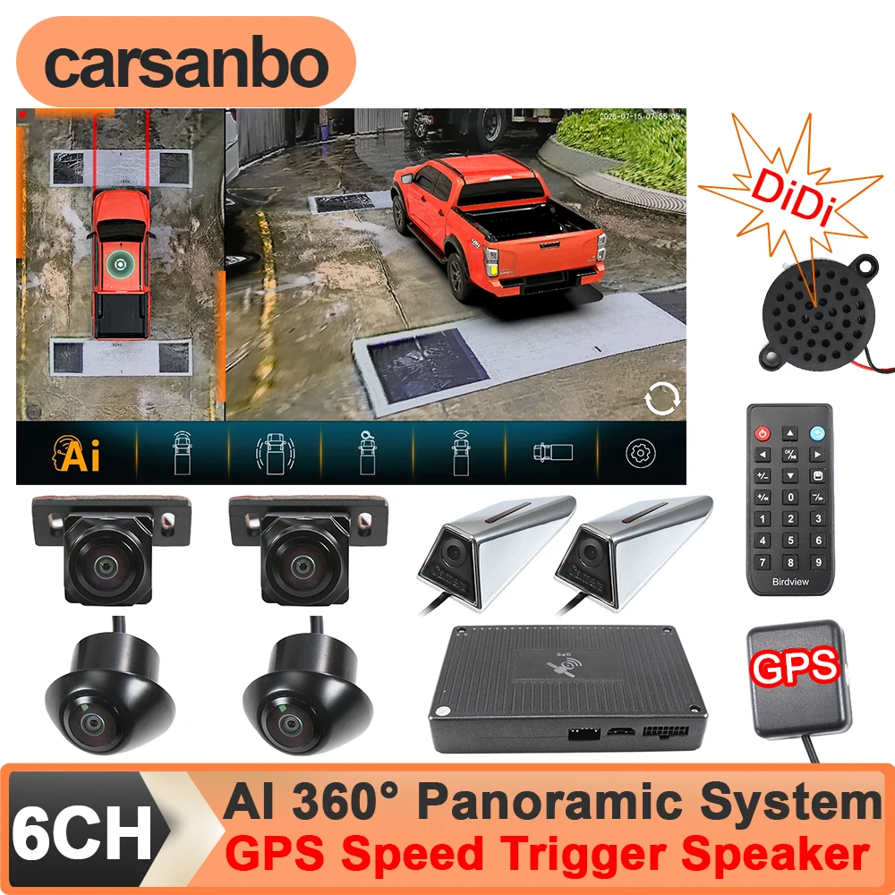 Carsanbo 3D 3.5D 360 Degree Bird View Panorama System 6pcs AHD 1080P WDR Cameras GPS Speed Trigger Buzzer with Calibration Cloth