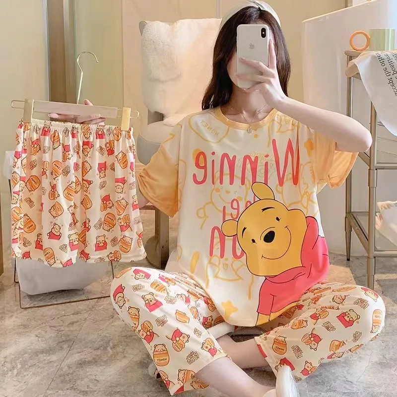 New Kawaii Mickey Mouse Pooh Bear Snoopy Pajamas Home Wear Short Sleeve Shorts Long Pants Three Piece Suit Soft Gifts For Girls