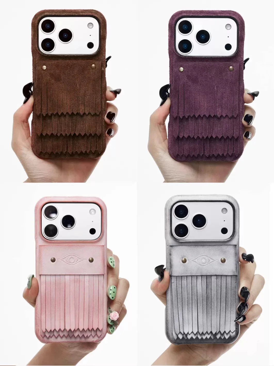 

Tassel genuine leather phone case, suede/matte wax leather, suitable for Apple iPhones.