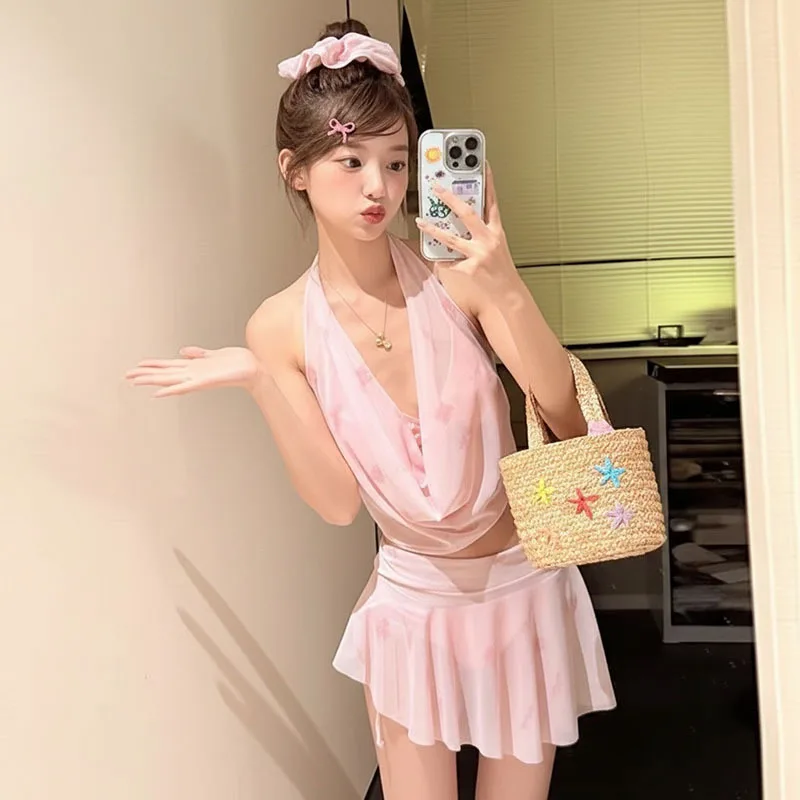 2026 New Women Pink Halter Cowl Neck Three Piece Bikini Skirt Tummy Control Slim Pure Desire Summer Beach Spa Bathing Suit