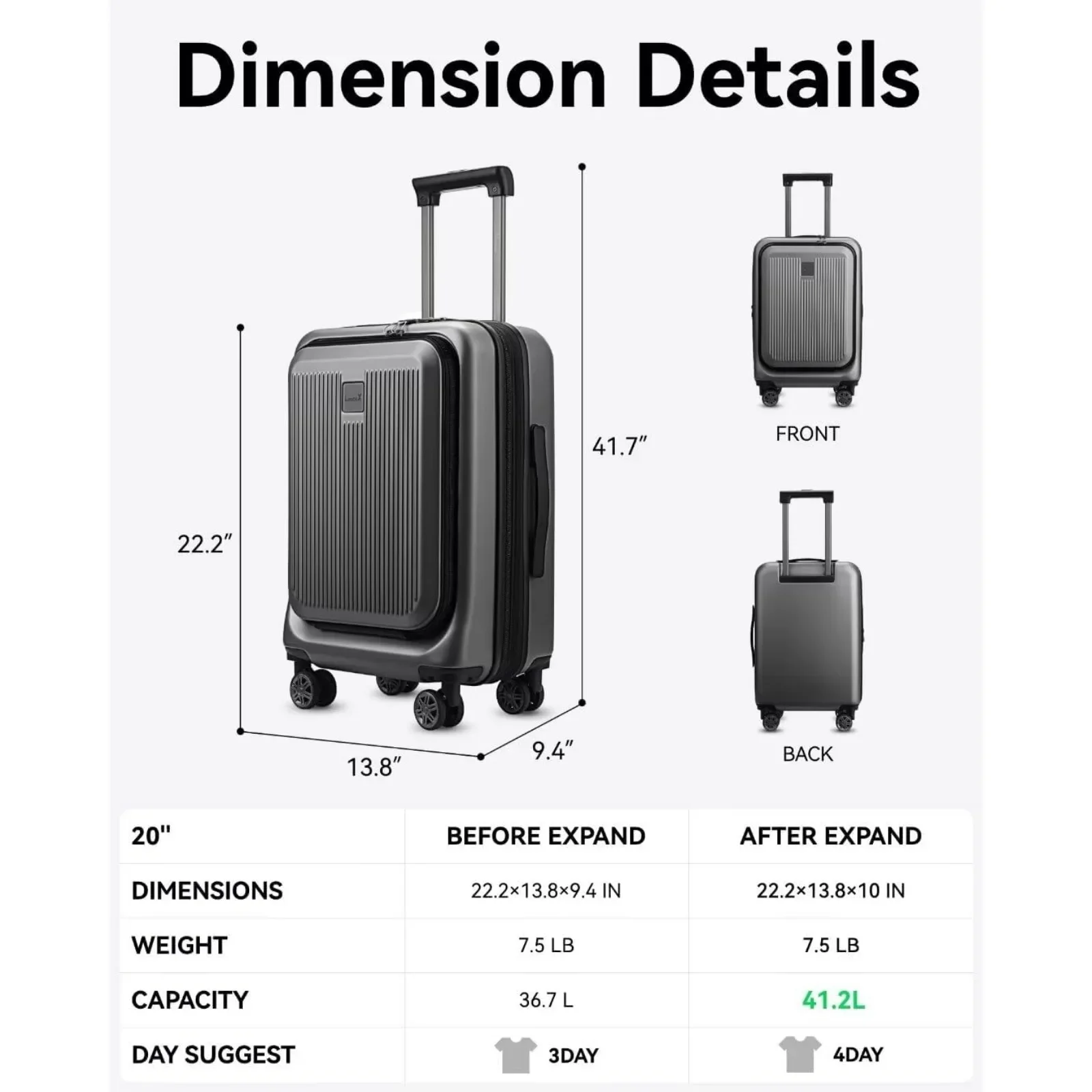 LUGGEX Carry on Luggage 22x14x9 Airline Approved, PC Hard Shell Suitcase with Front Pocket, Expandable Luggage