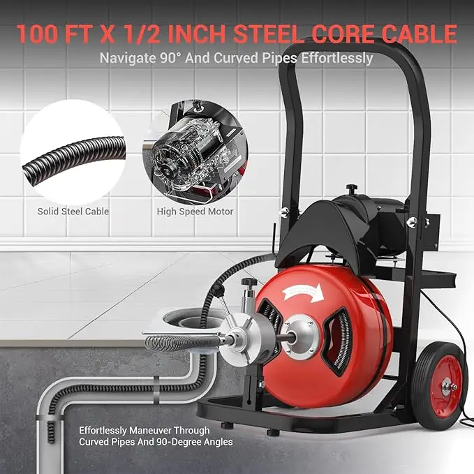 100Ft 1/2 Inch Cable Auto-Feed Portable Electric Drain Cleaner, Auto Feed Sewer Plumbing Snake AugerMachine for 2