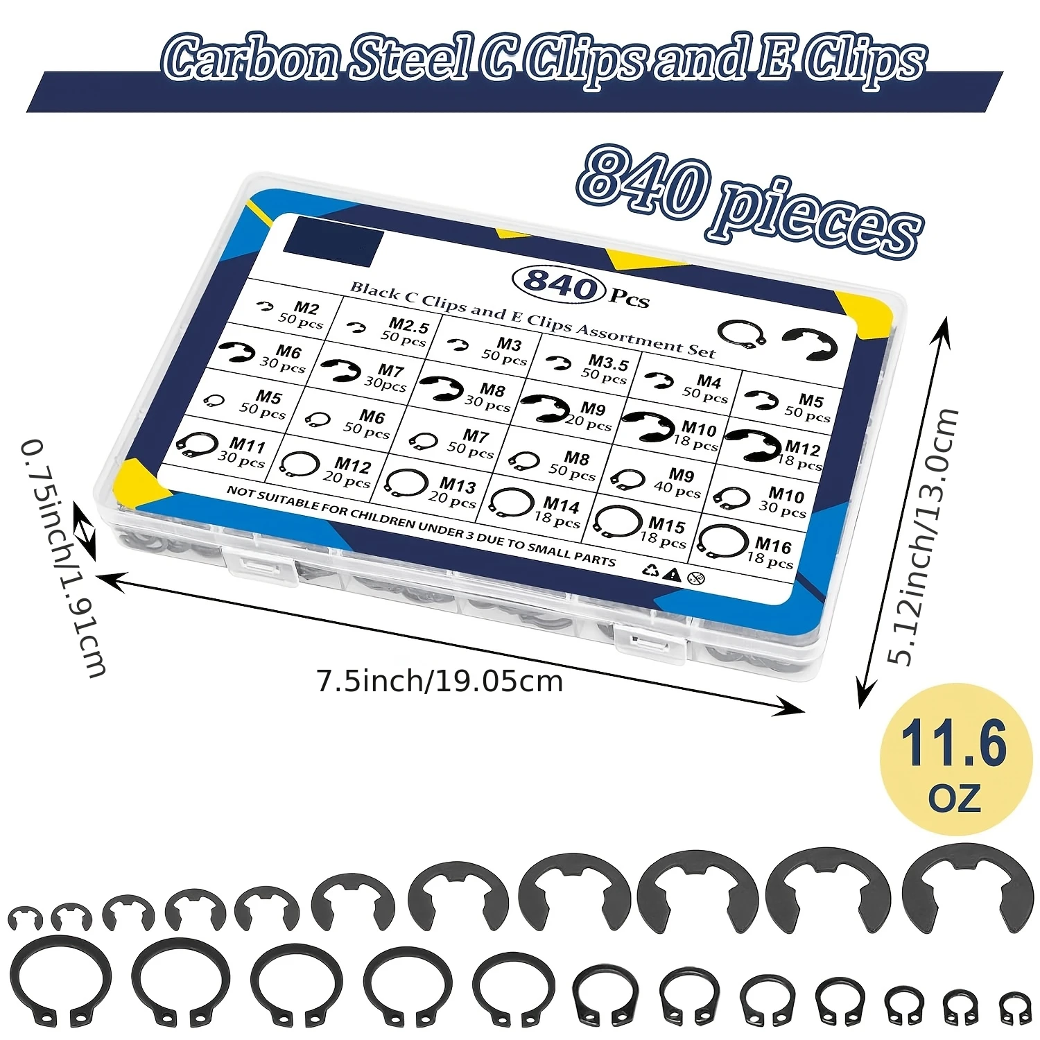 840-Piece C-Clamp Accessory Set (M5-M16) and E-Clamp Accessory Set (2.0Mm-12Mm), External Fixing Rings, 24-Size Snap Ring Combination Kit, Black Carbon Steel Ring Clamps.
