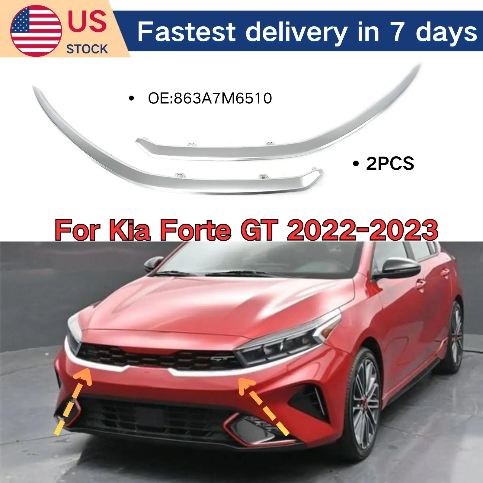 

For Kia Forte GT 2022-2023 Front Bumper Molding Trim OE 863A7M6510 2PCS Chrome Silver Car Accessories Body Kit Left Right