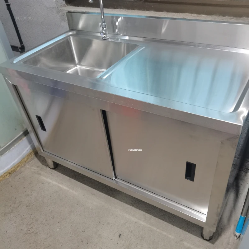 Commercial Multi-functional Sinks Stainless Steel Moveable Door Kitchen Sinks Vegetable Basin Stove Cabinet with Sink Platform L