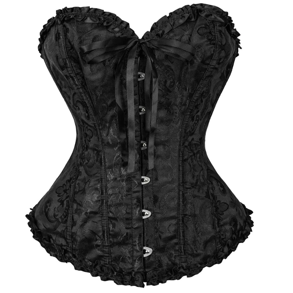 Gothic Jacquard Corset Top Ruffle Neck Front Steel Busk Boned Women Vintage Halloween Cosplay Costume 28 Colors