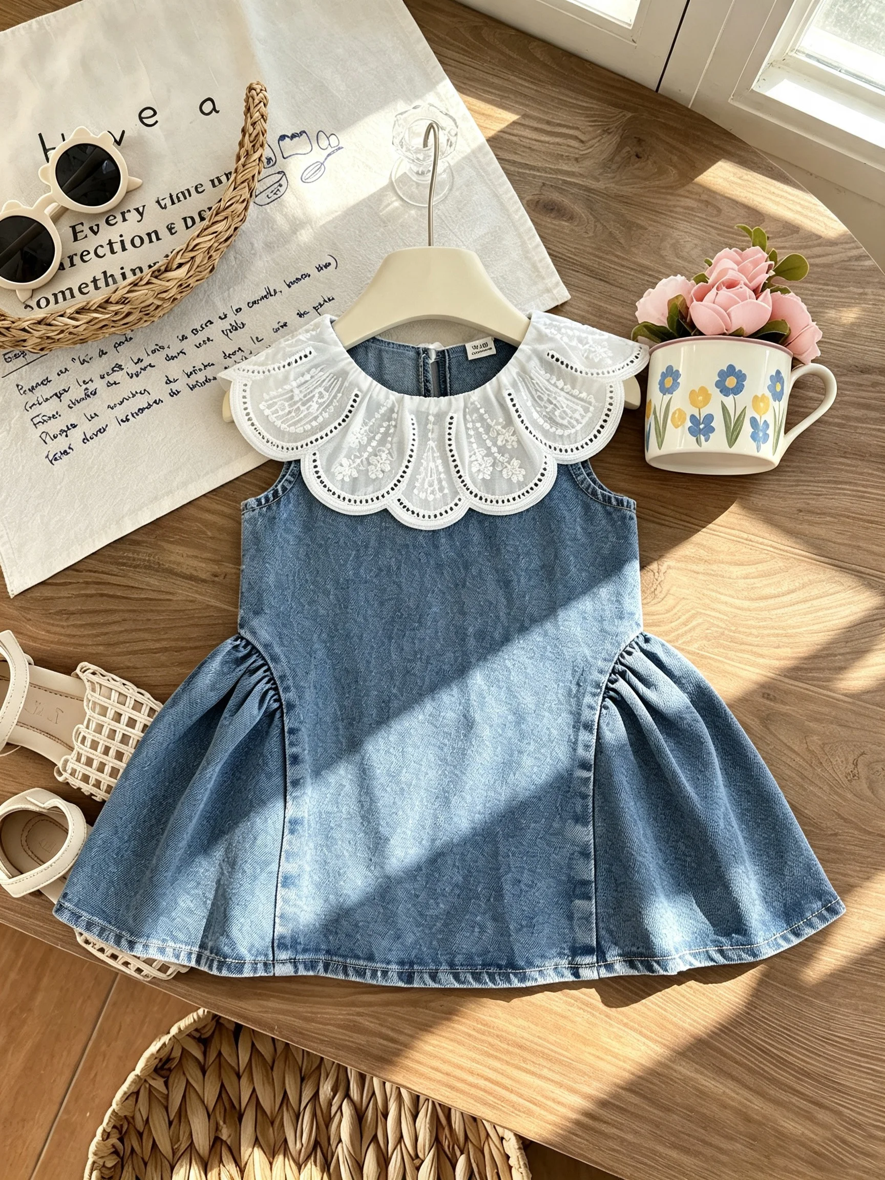 Girls Sleeveless Denim Dress Cute Lace Scalloped Collar Summer Kids A-line Princess Skirt