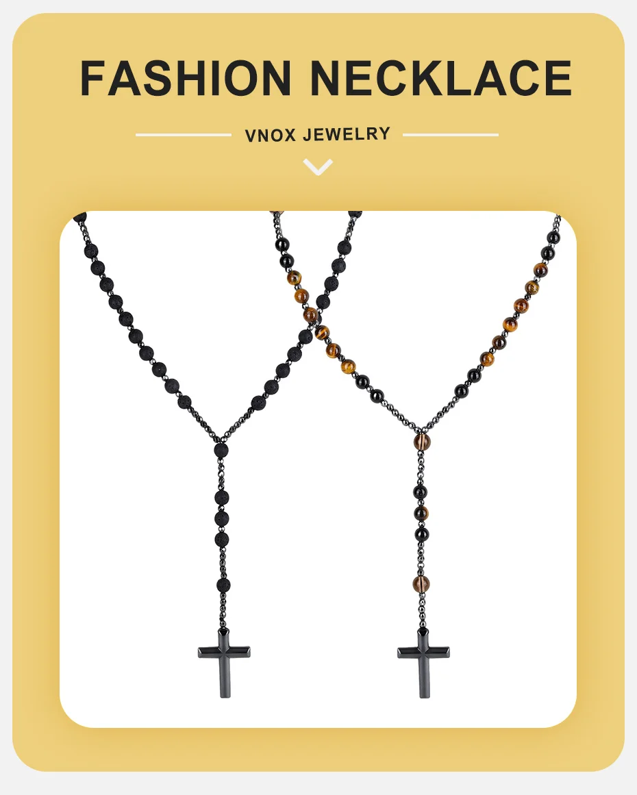 Vnox Herren Rosenkranz-Halskette, Hämatit-Kreuzanhänger, Lavastein-Tigerauge-Perlen, lange Kette, religiöser christlicher Gebetsschmuck, Geschenk – Detail 1