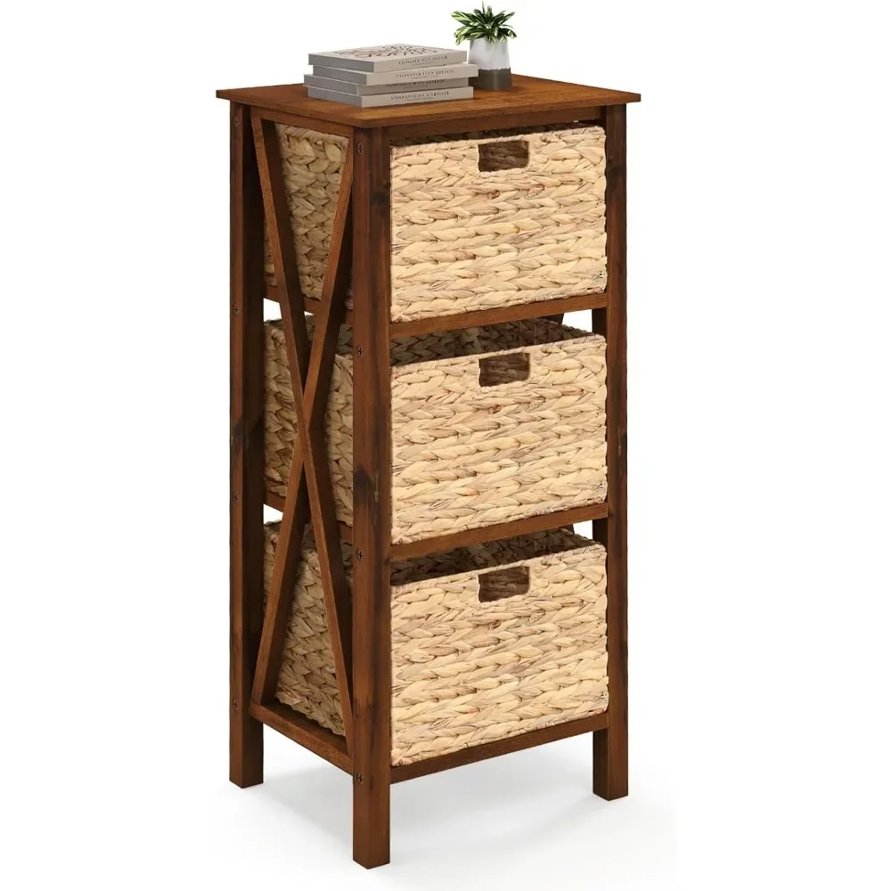 

3-Tier Nightstand with 3 Wicker Baskets, Wooden X-Design Side Table End Table, Beside Table with Acacia Wood Legs