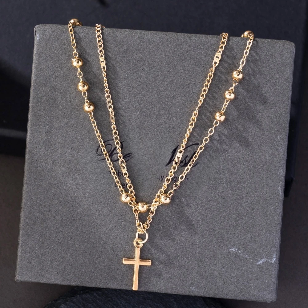Personality Trend Stackable Gold Color Round Beads Cross Double Pendant Necklace for Women Classic Friend Birthday Gifts Jewelry
