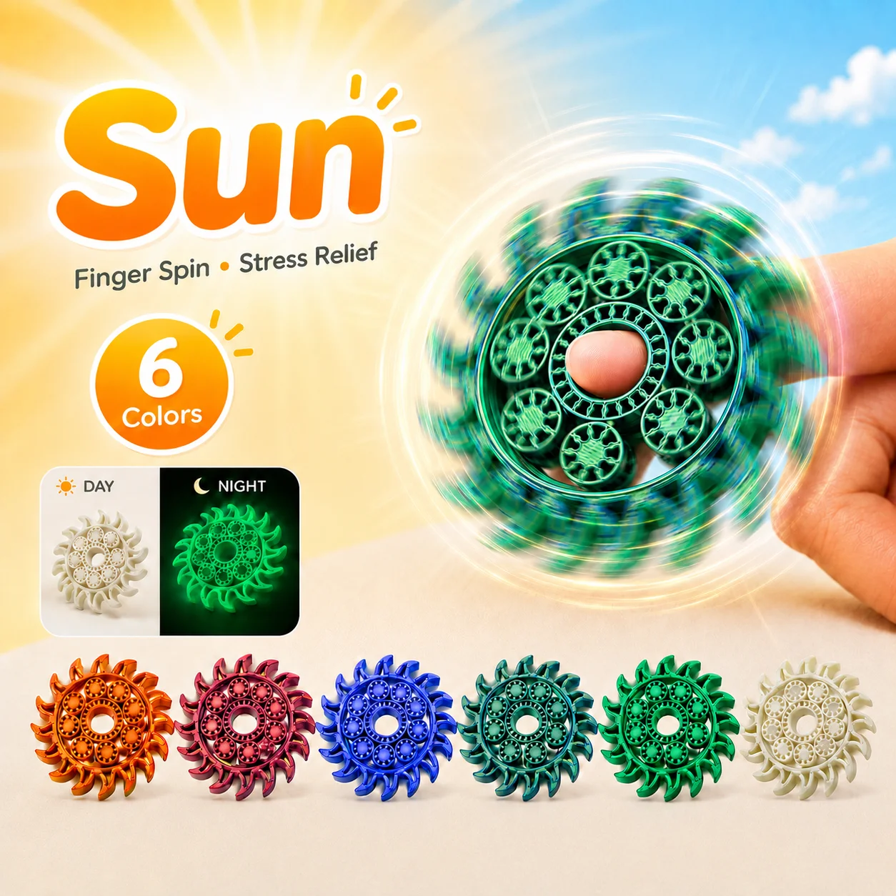 Sun Shape Fidget Spinner Toy, Glow in the Dark Finger Spinner, 3D Printed Stress Relief, Halloween Gift for Teens