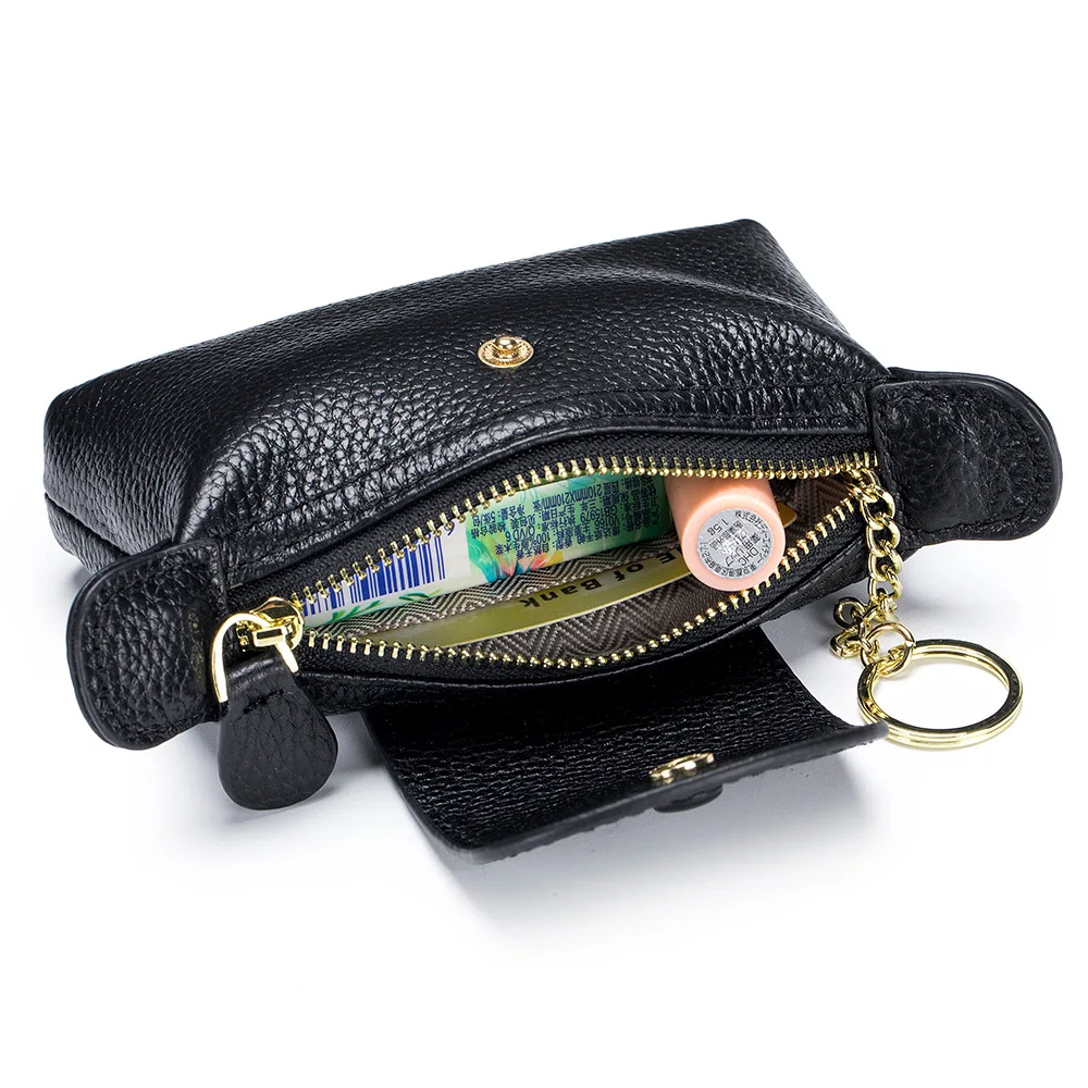 New Genuine Leather Coin Purse Brand Design Mini Women Wallets With Keychain Cowhide Short Snapped Purses Calfskin Card Holder