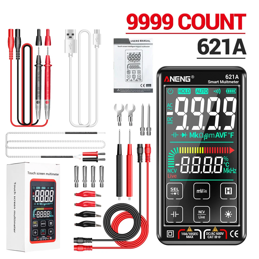 621A Multimeter Rechargeable Multifunctional 9999 Counts Digital Smart AC/DC Votage Current Capacitance Diode Ohm NCV Hz Test