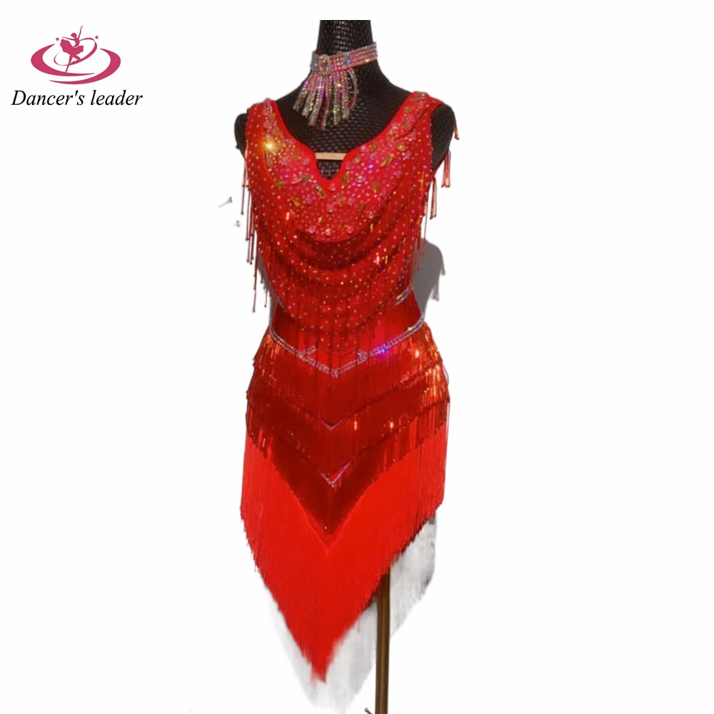 Latin Dance Dress High-end Custom Salute Red Flash Diamond Slim Tassel Dance Dress Cha Cha Tango Stage Professional Clothing