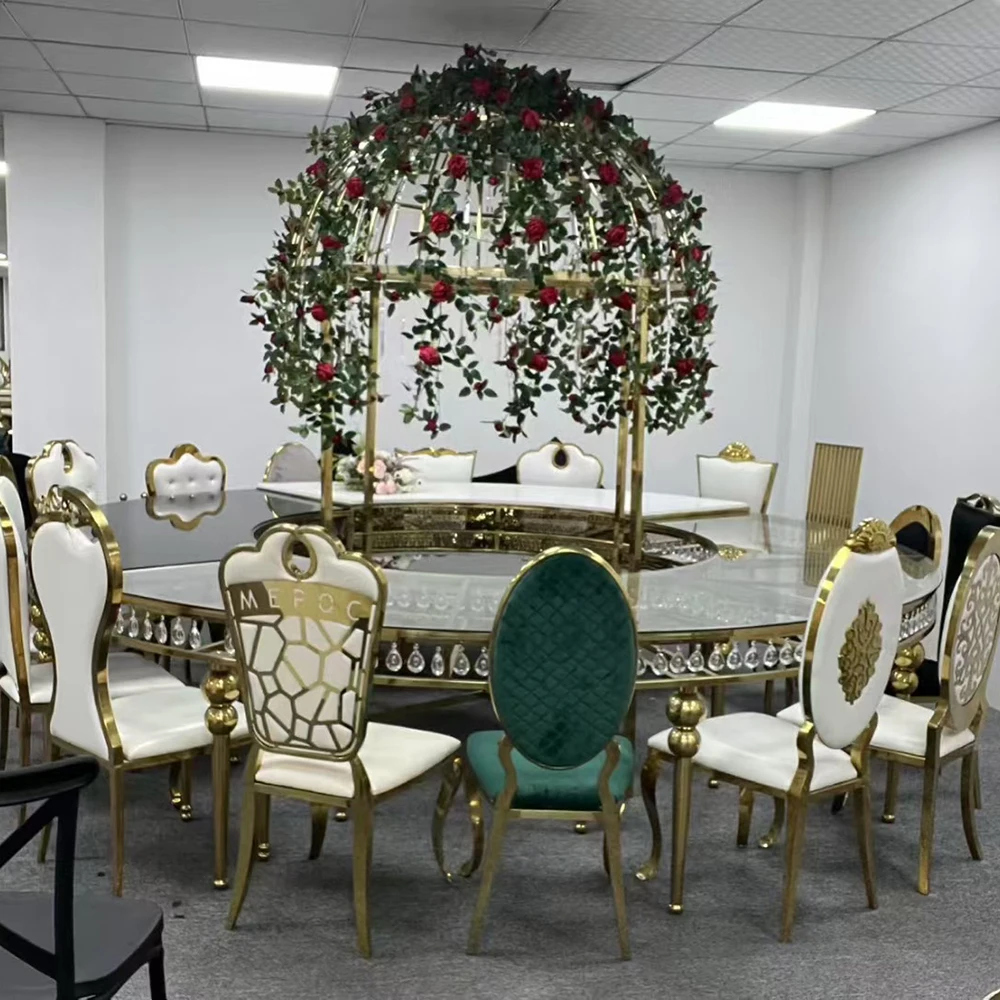 

FSDKX New Design Wedding Decoration Stainless Steel Roof Dining Table Round Mirror Banquet Table for Party Event