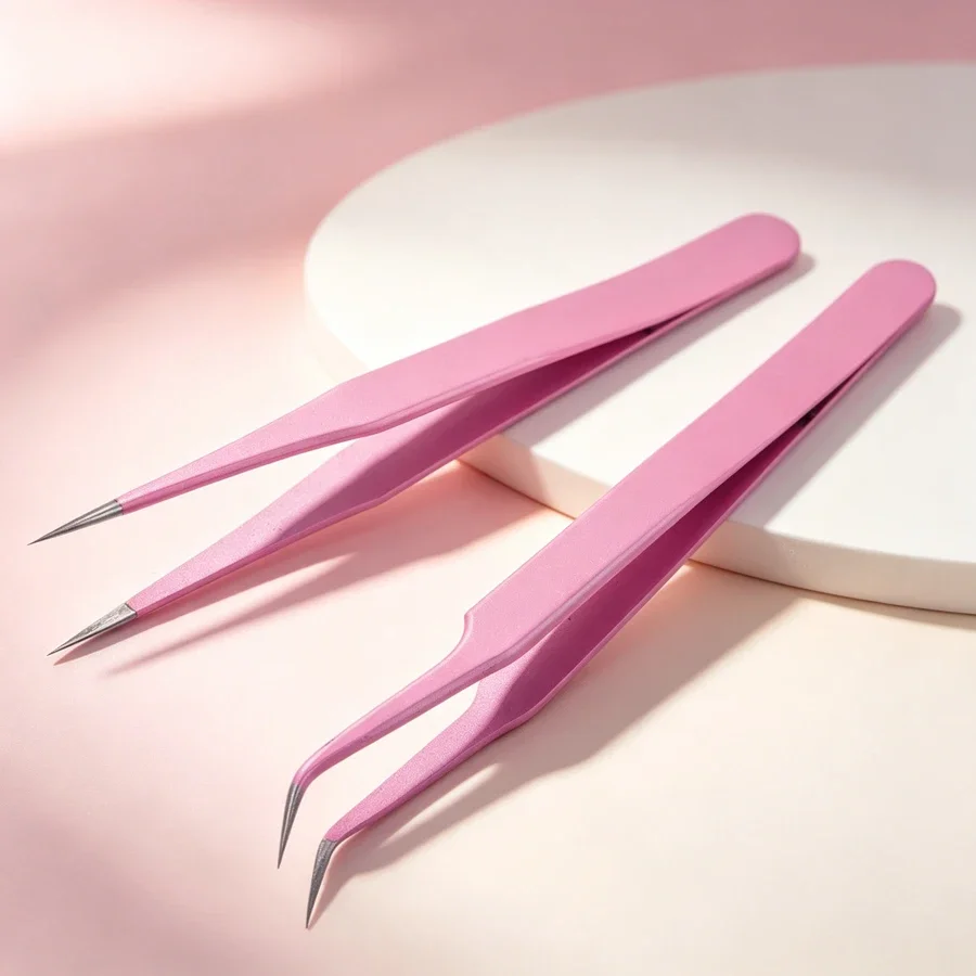 2pcs Pink Stainless Steel Manicure Tweezers Set Straight & Curved Eyelash Extension Nipper Pointed Clip Nail Art Tools